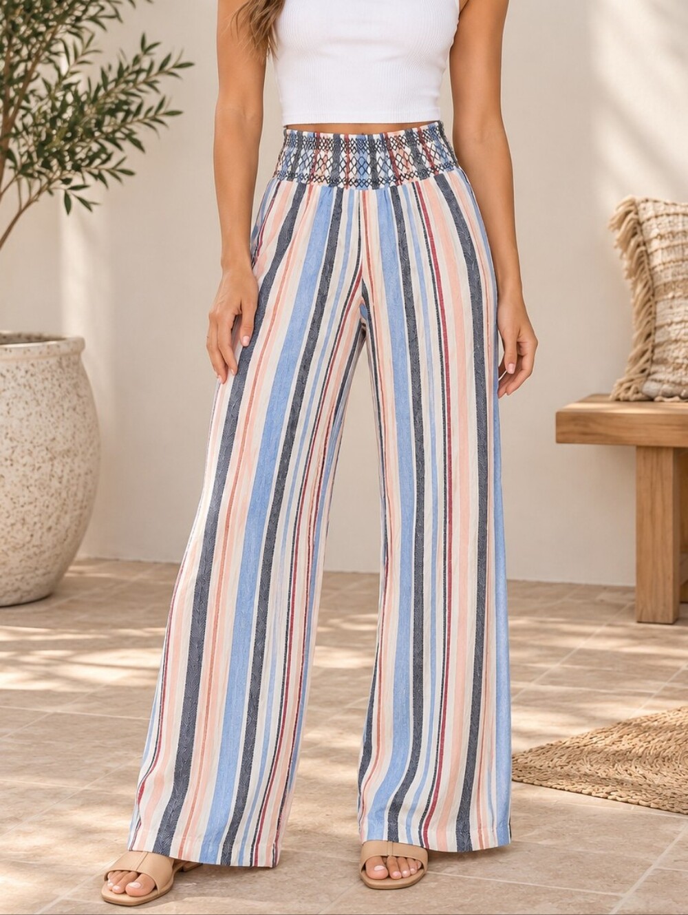 SO Striped Smocked-Waist Wide-Leg Pants – Size L